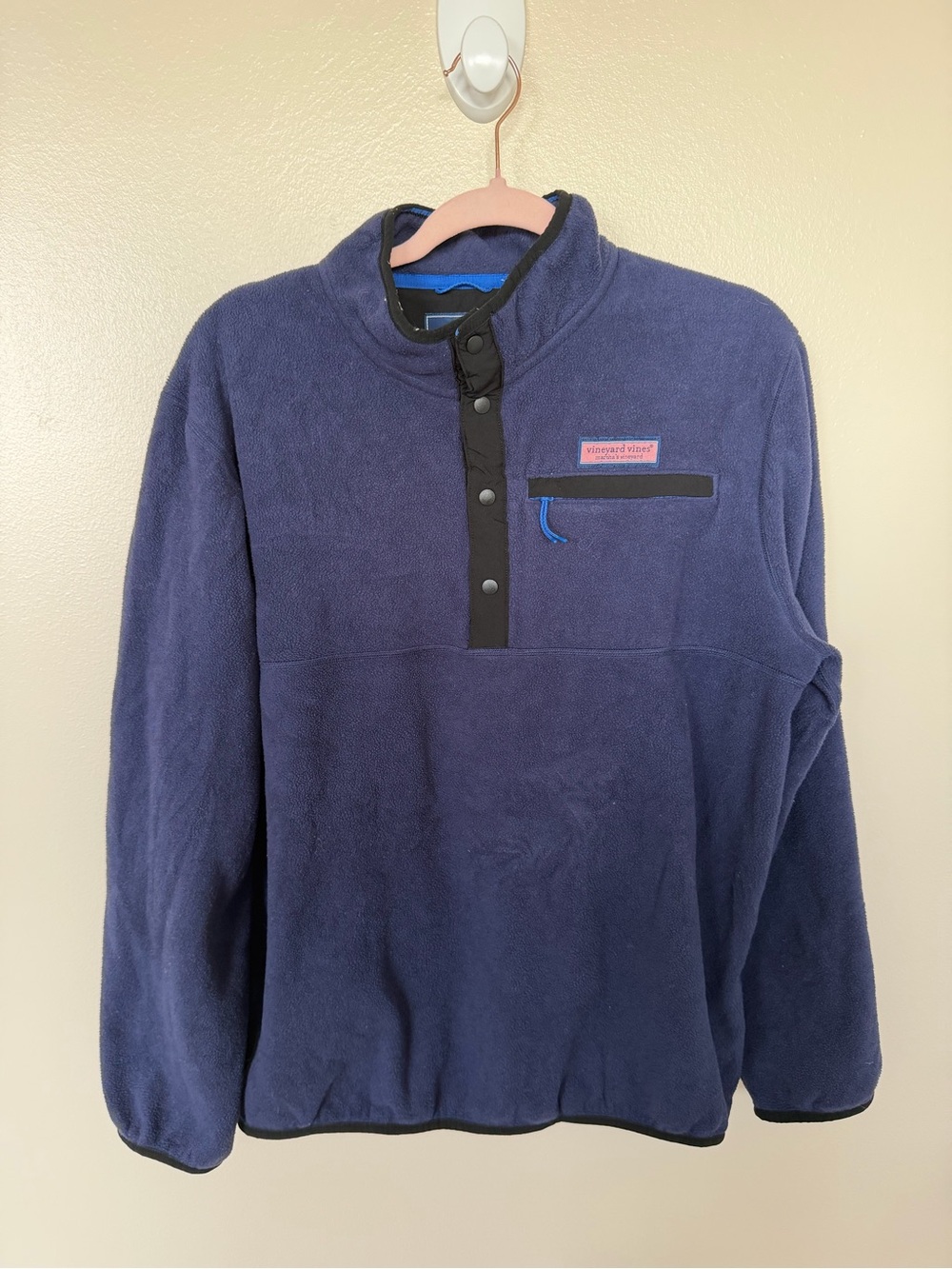 VINEYARD VINES Navy Blue & Black Trim 1/4 Button Fleece Pullover